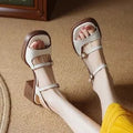 Women's retro platform sandals with square toe design, open toe, rubber soles and PU upper in milky white colour