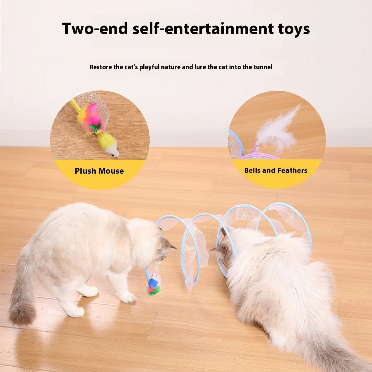 S-type cat tunnel toy with steel frame, mesh sides and dangling feather for feline play