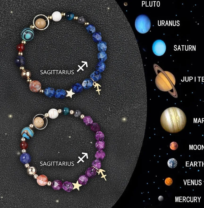 Set of twelve natural stone beaded bracelets featuring different zodiac sign designs