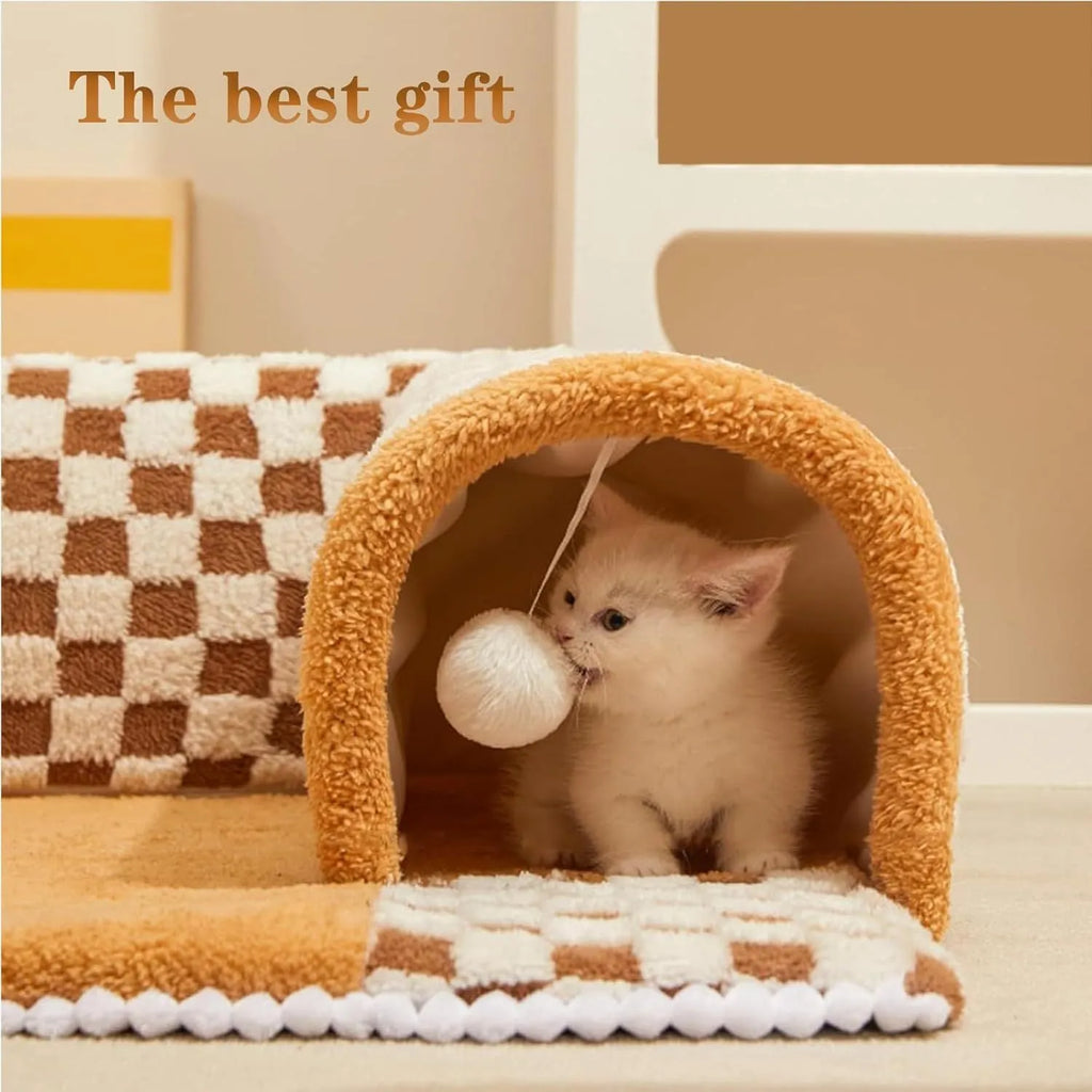 XL soft brown plaid cat tunnel bed with central mat and non-slip bottom on a wooden floor.