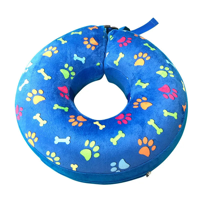 Blue inflatable PVC pet recovery collar with soft flocking guard circle for dogs, deflated state