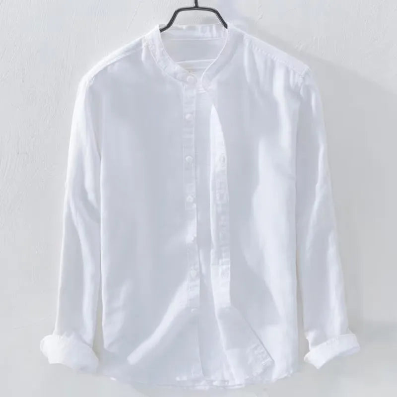Men's loose fit long sleeve casual shirt in linen-cotton blend, shown in dark blue colour.