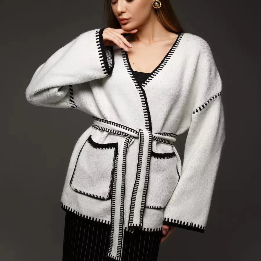 Loose lace-up knitted cardigan sweater coat in white, black, or camel colour with 50cm normal length