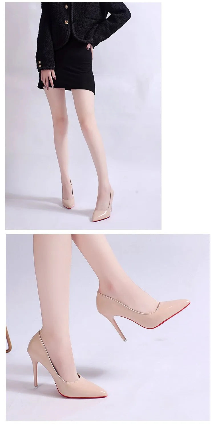 Women's black pointed toe stiletto pumps with a low-cut vamp and thin high heel on a white background.
