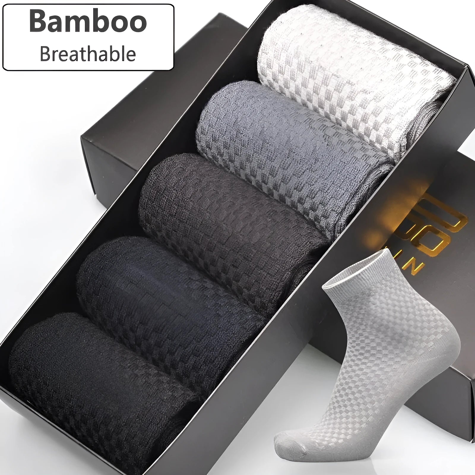 Men's bamboo fibre business socks with small square pattern, shown in colour options including black and navy blue.