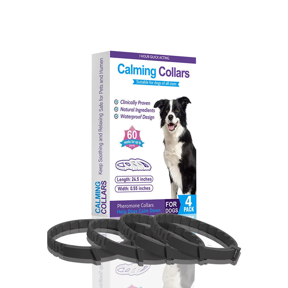 Four dog anxiety relief collars in different colours, showing Chinese style design and TPR material.