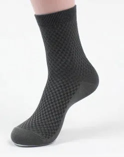 Men's bamboo fibre business socks with small square pattern, shown in colour options including black and navy blue.