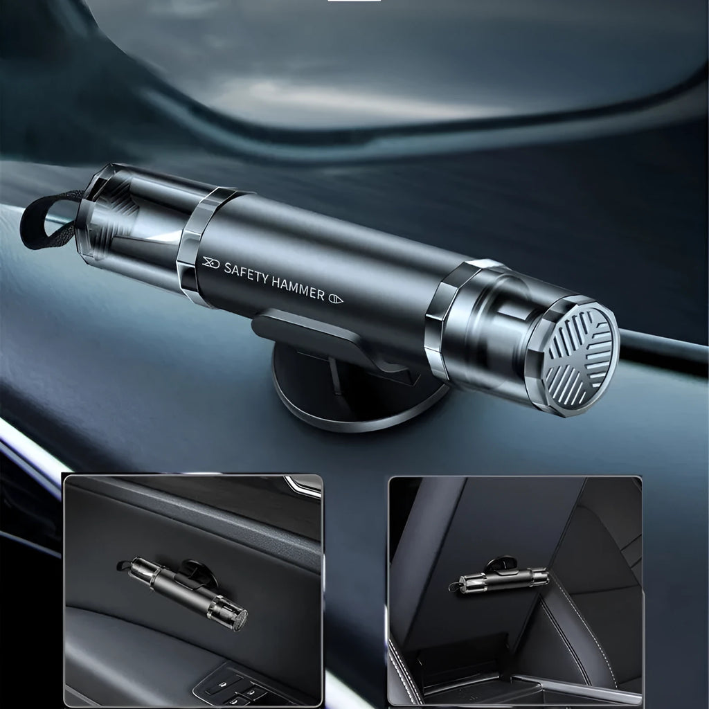 Black and red aluminium alloy car emergency hammer with tungsten steel tip and integrated seat belt cutter on a mounting base.