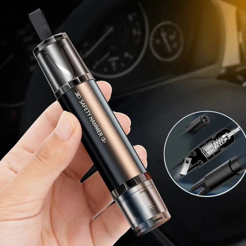 Black and red aluminium alloy car emergency hammer with tungsten steel tip and integrated seat belt cutter on a mounting base.