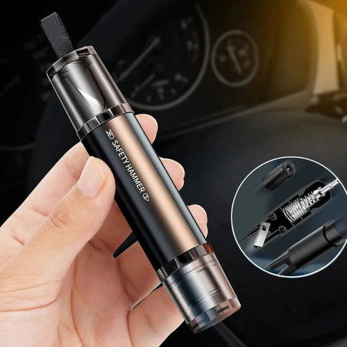 Black and red aluminium alloy car emergency hammer with tungsten steel tip and integrated seat belt cutter on a mounting base.