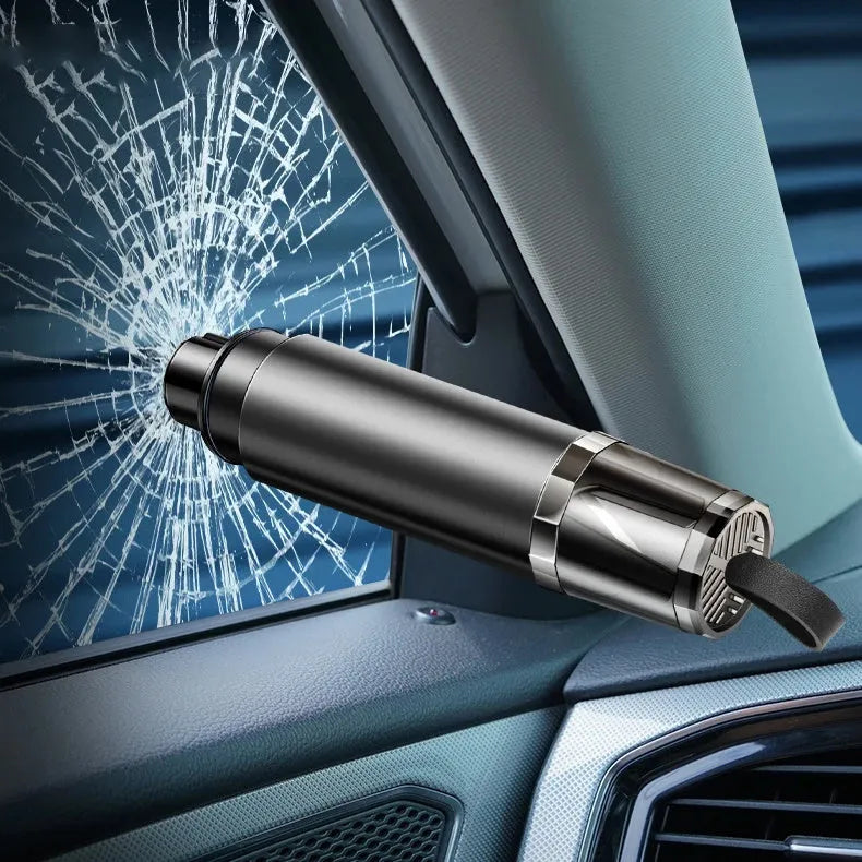 Black and red aluminium alloy car emergency hammer with tungsten steel tip and integrated seat belt cutter on a mounting base.