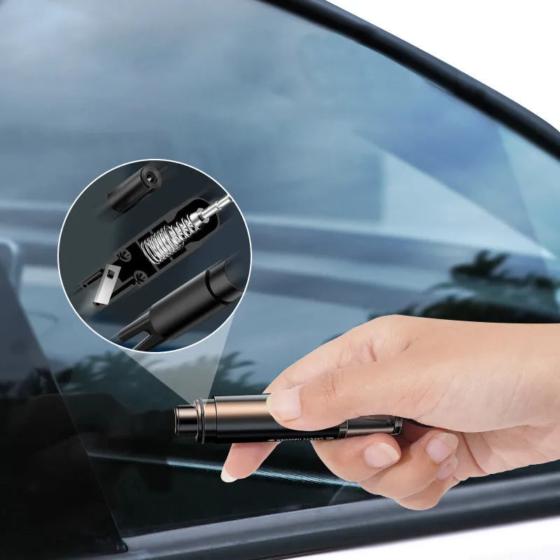 Black and red aluminium alloy car emergency hammer with tungsten steel tip and integrated seat belt cutter on a mounting base.