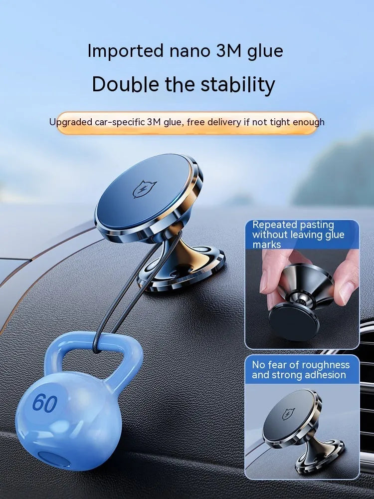 Shiny black alloy magnetic car phone holder with dashboard adhesive mount.