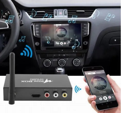 Black car Wi-Fi mirror link box with power cable, antenna, AV cable, and user manual for smartphone screen mirroring.