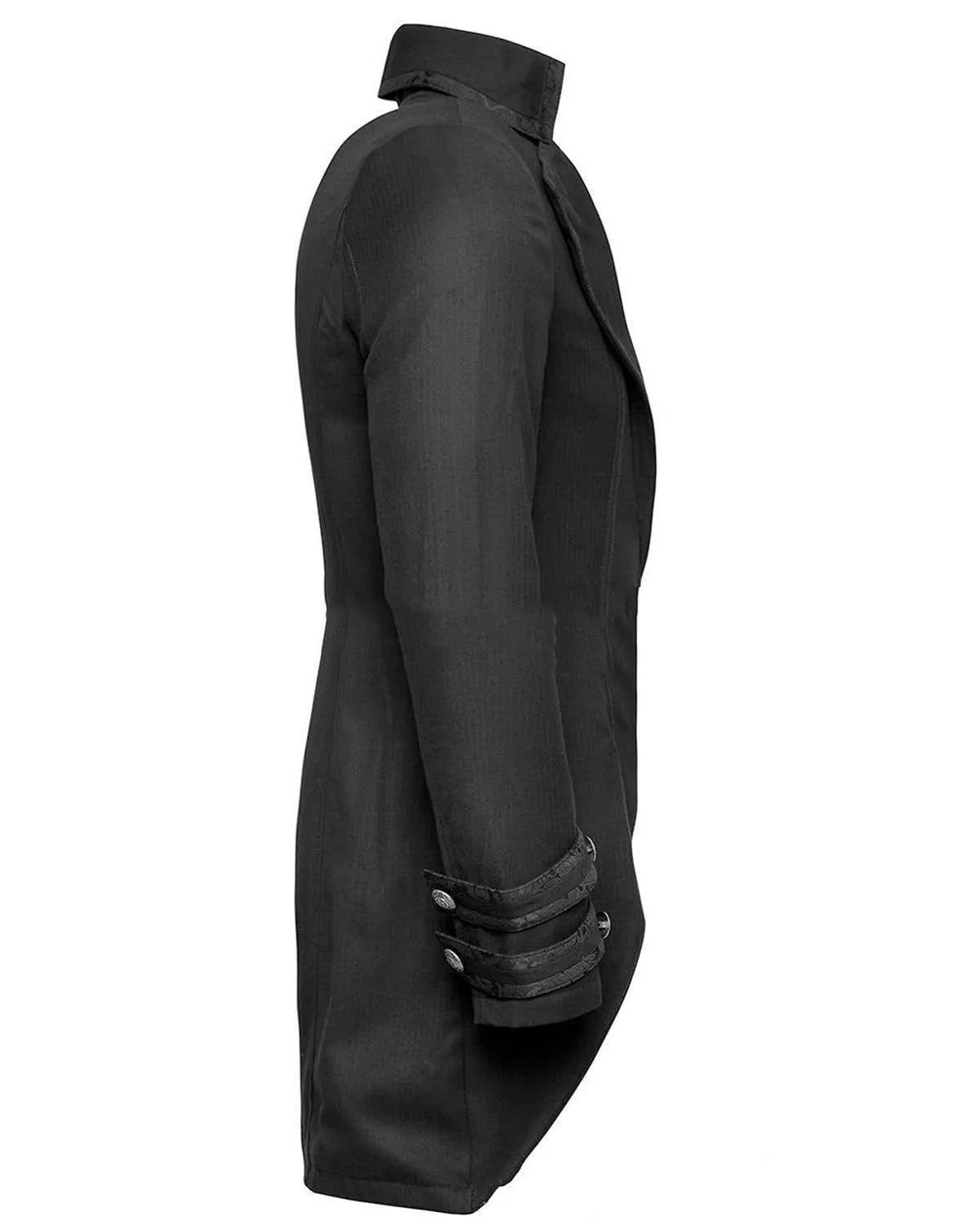 Black Victorian morning gown cosplay jacket with chemical fibre blend construction showing front view