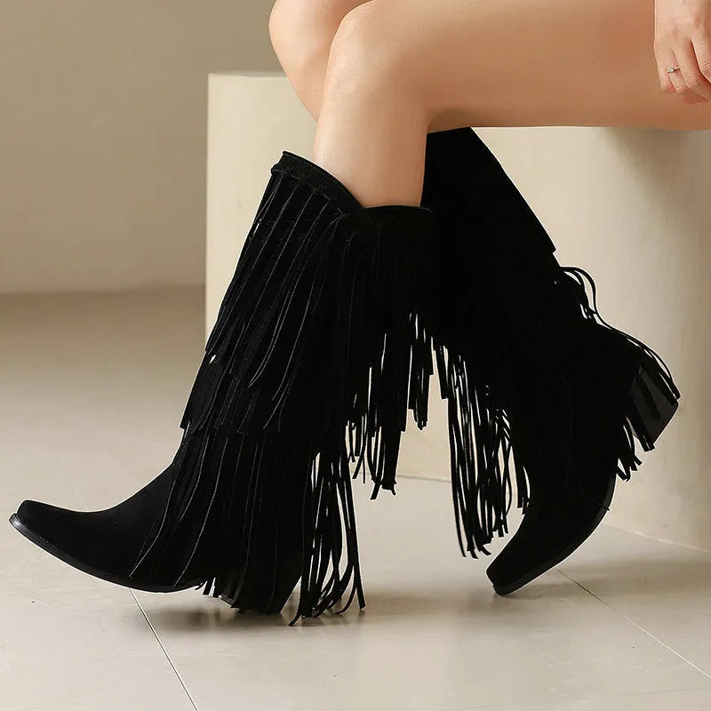 Women's suede knee-high boots with a chunky heel, square toe, and waterproof platform in multiple colours.