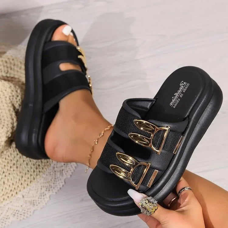 Women's thick bottom slippers with suede upper and rubber sole in apricot, black, and off-white colours