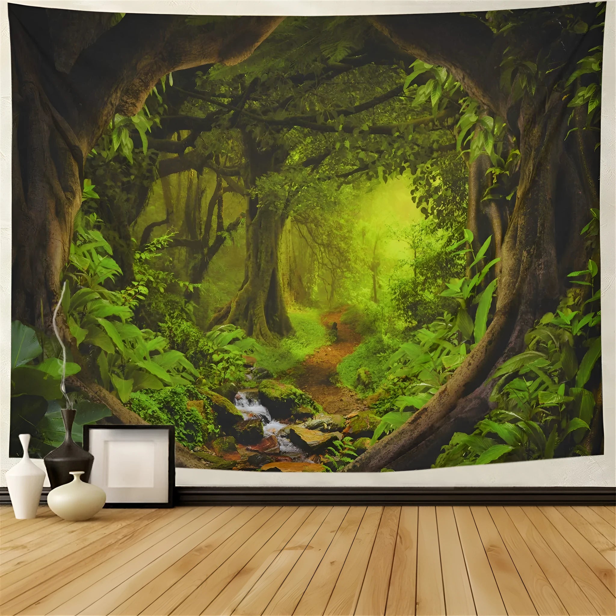 Large printed polyester wall tapestry with forest and mandala bohemian design in multiple size options