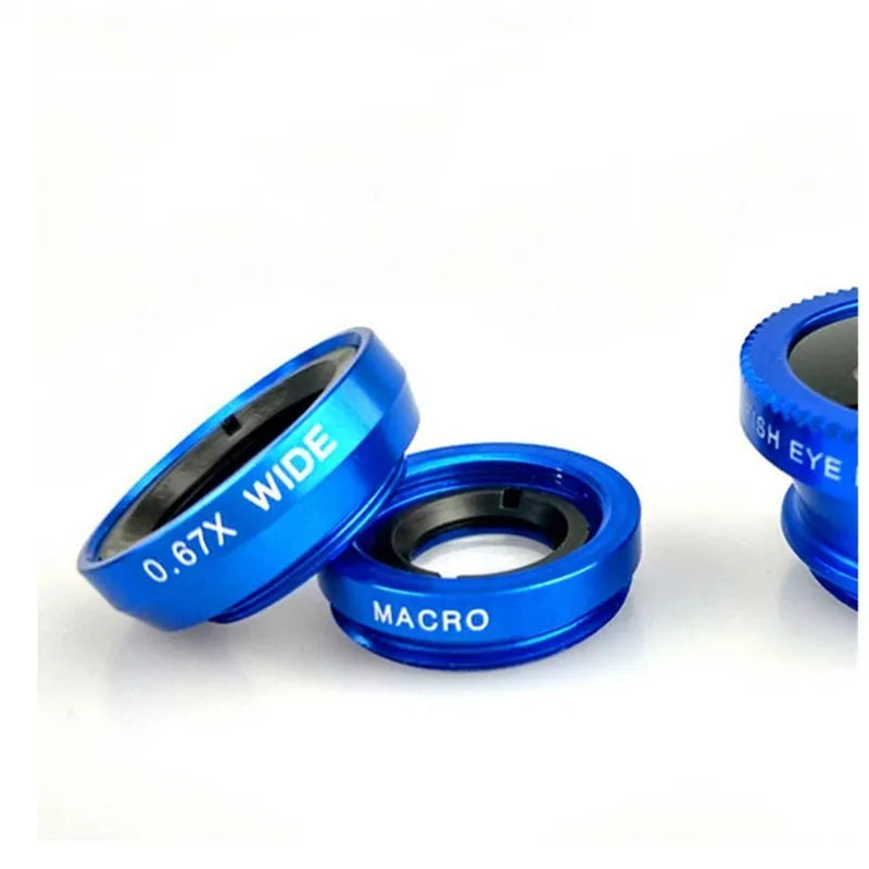 Smartphone clip-on lens kit showing fisheye lens and 2-in-1 wide angle macro lens with universal clip