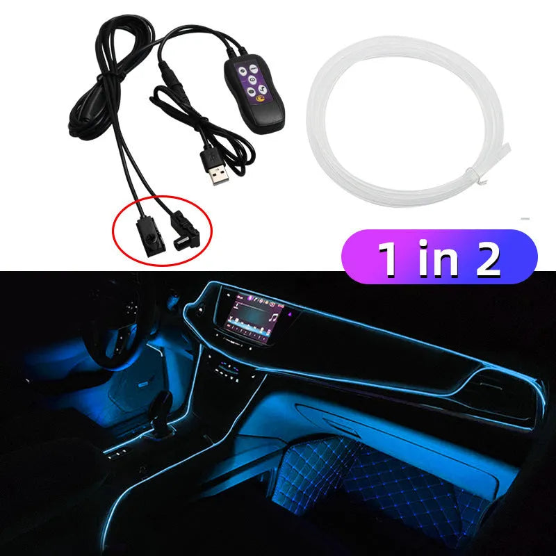 Car interior with colour-changing LED atmosphere lighting installed along dashboard and centre console