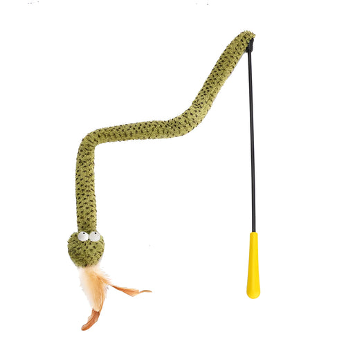 Green cat teasing stick with feather attachment measuring 140cm long for interactive play
