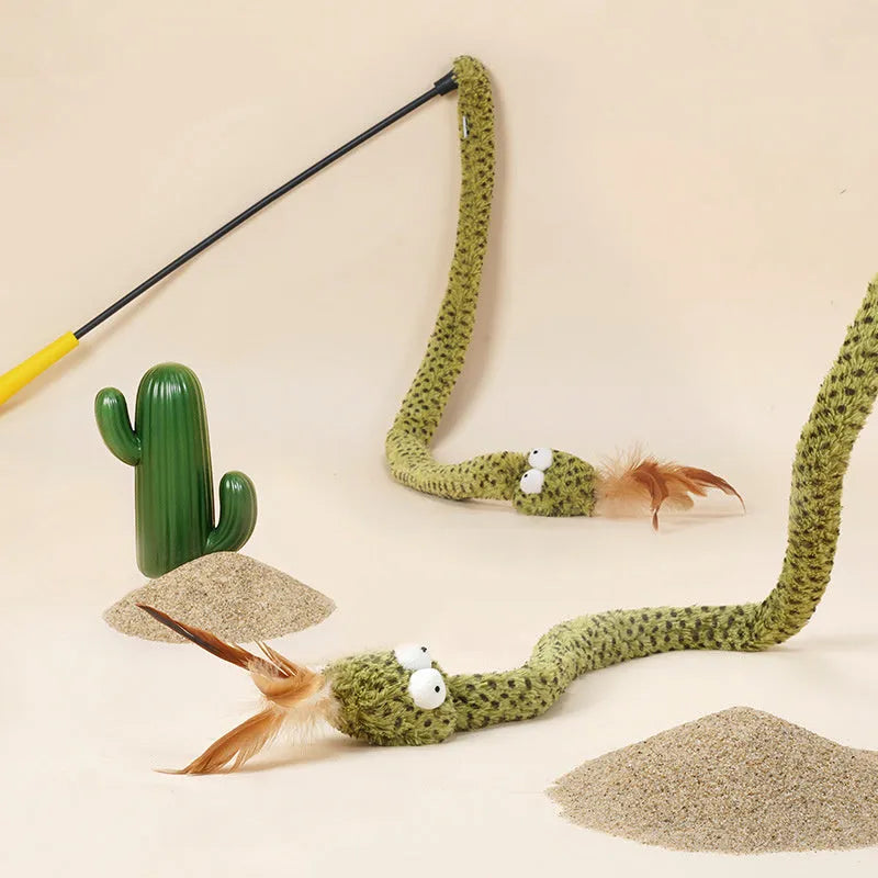 Green cat teasing stick with feather attachment measuring 140cm long for interactive play