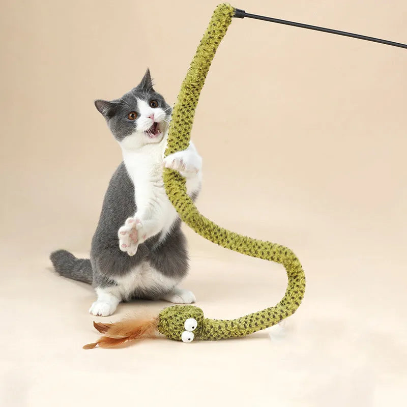Green cat teasing stick with feather attachment measuring 140cm long for interactive play