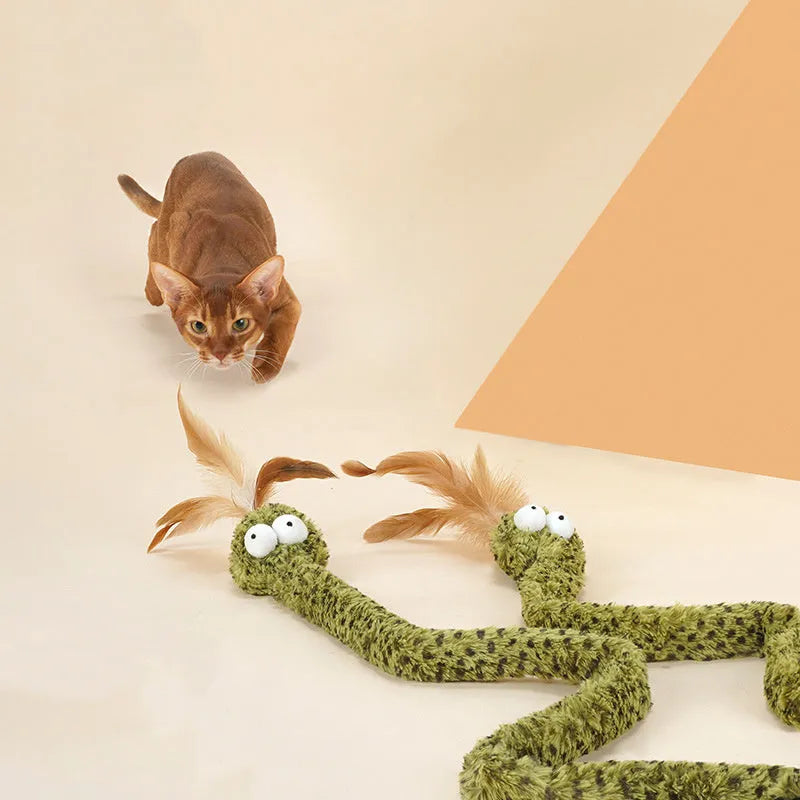 Green cat teasing stick with feather attachment measuring 140cm long for interactive play