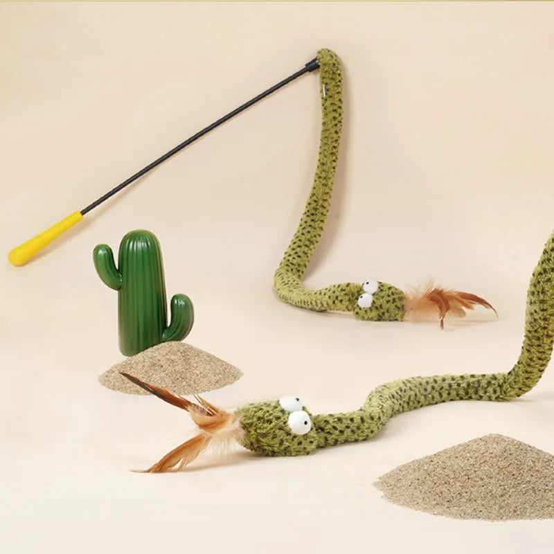 Green cat teasing stick with feather attachment measuring 140cm long for interactive play