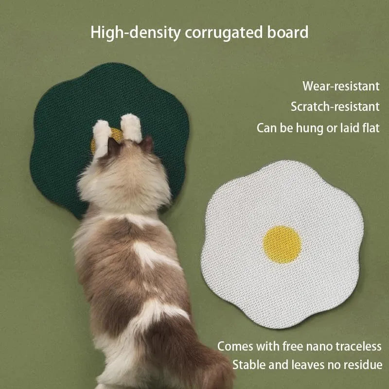 Grey wall mounted cat scratching board made of corrugated cardboard on a white door