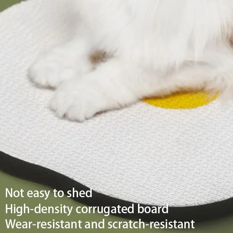 Grey wall mounted cat scratching board made of corrugated cardboard on a white door