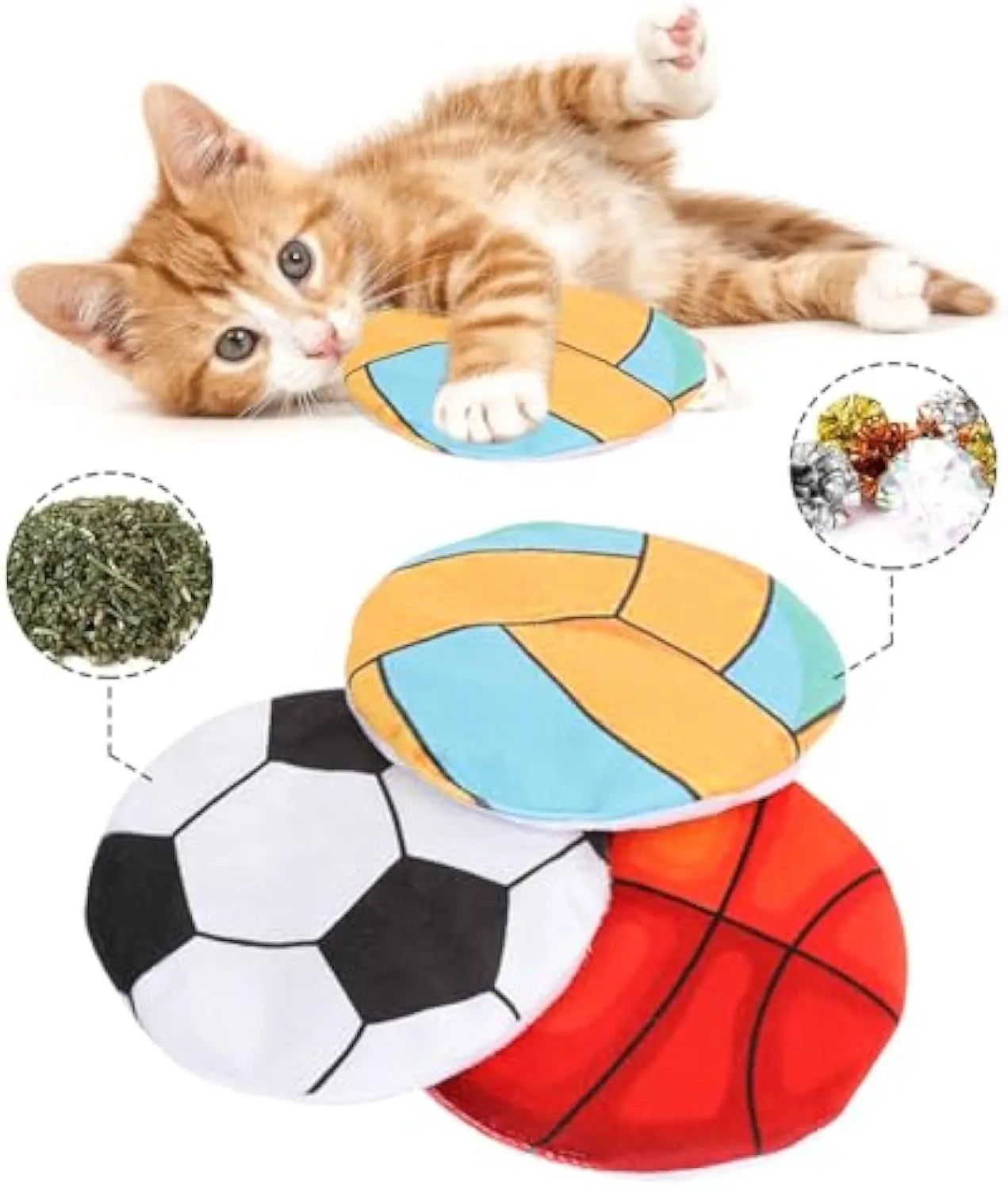 Soft plush flying disc cat toy with sport ball patterns containing catnip and crinkle sound layers