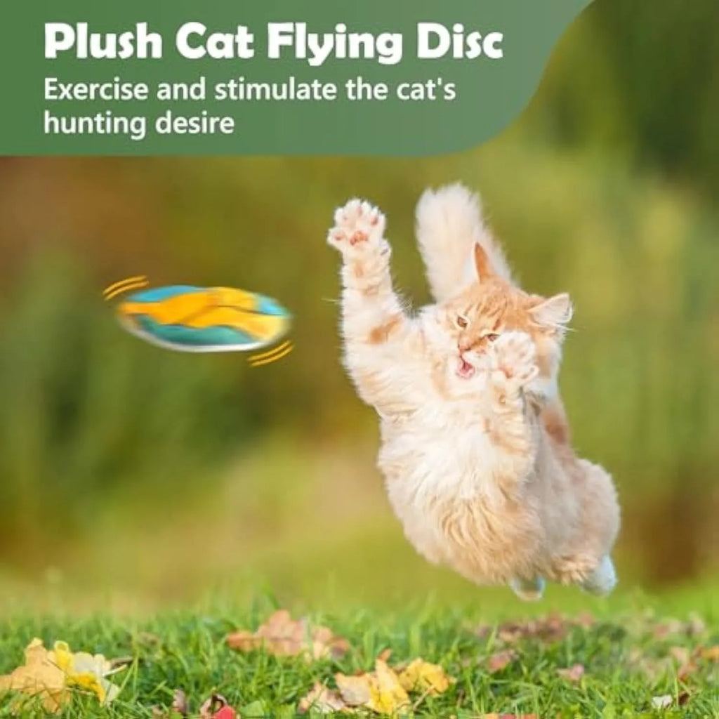 Soft plush flying disc cat toy with sport ball patterns containing catnip and crinkle sound layers