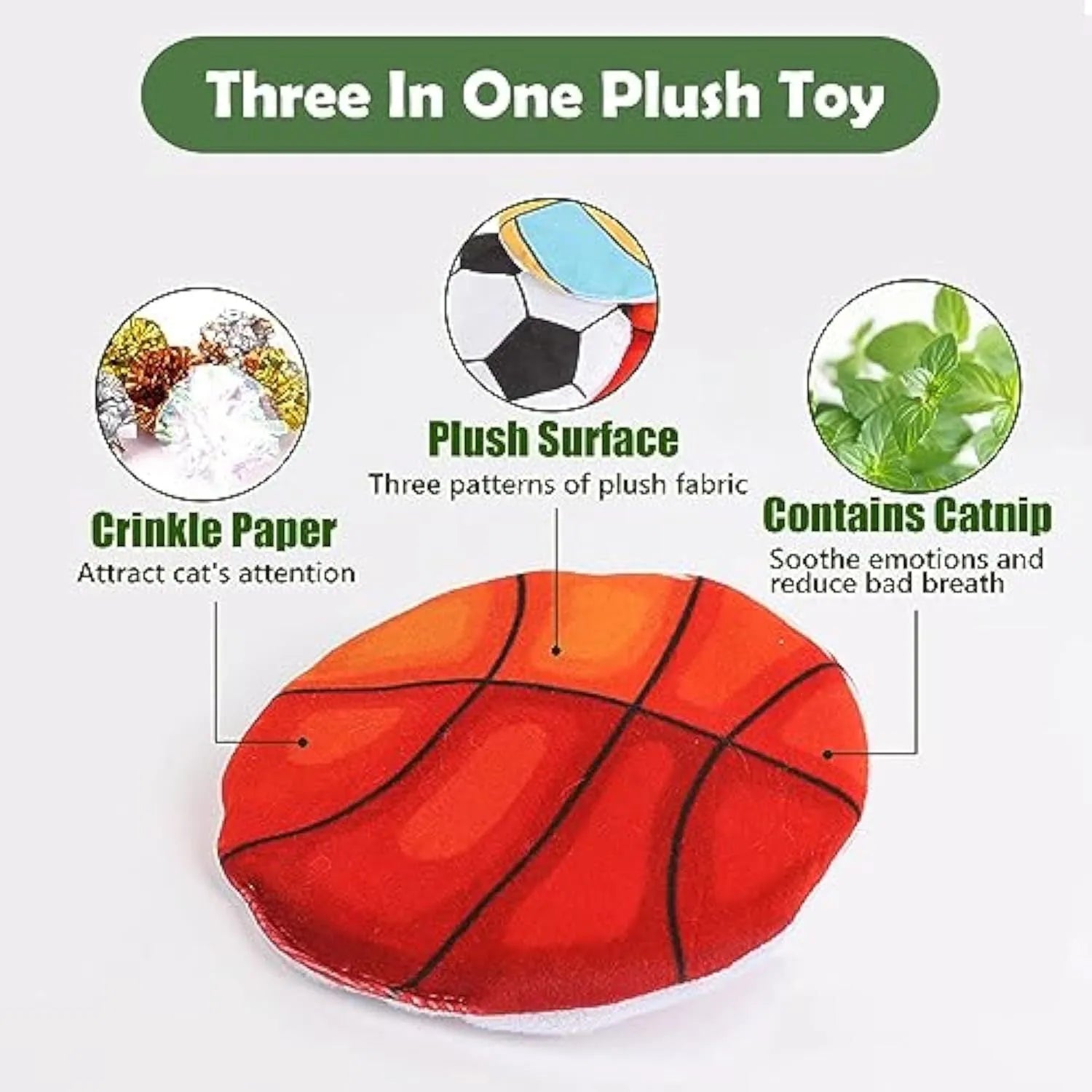 Soft plush flying disc cat toy with sport ball patterns containing catnip and crinkle sound layers