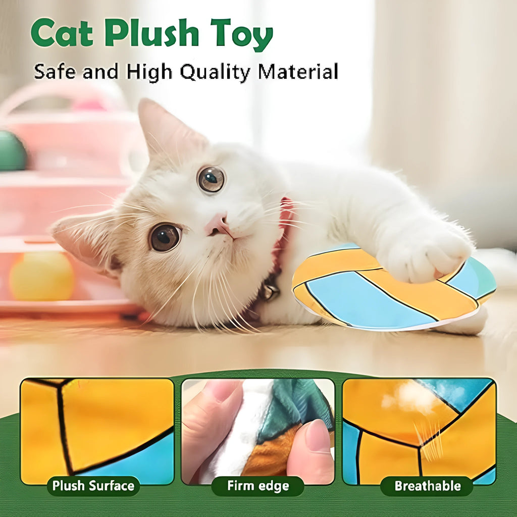 Soft plush flying disc cat toy with sport ball patterns containing catnip and crinkle sound layers