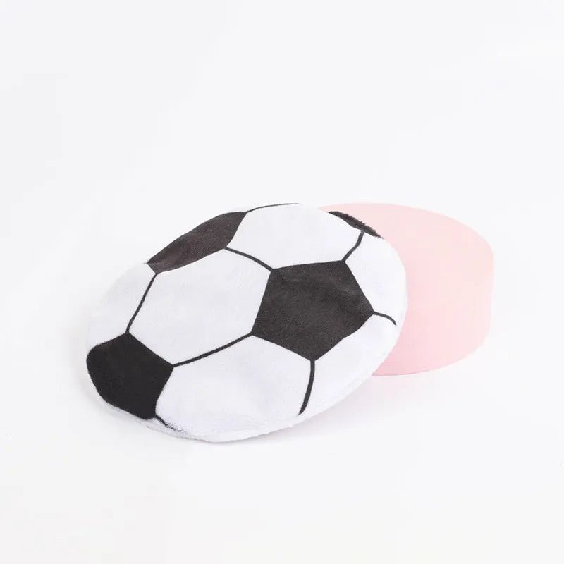Soft plush flying disc cat toy with sport ball patterns containing catnip and crinkle sound layers