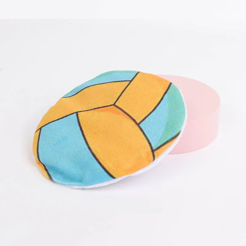 Soft plush flying disc cat toy with sport ball patterns containing catnip and crinkle sound layers