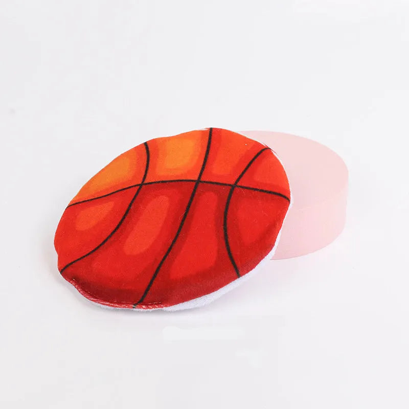 Soft plush flying disc cat toy with sport ball patterns containing catnip and crinkle sound layers