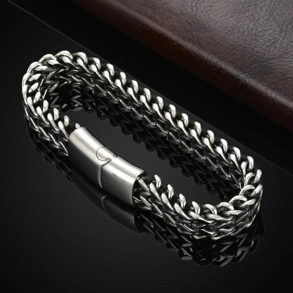 Silver geometric stainless steel hip hop bracelet showing front and back design details