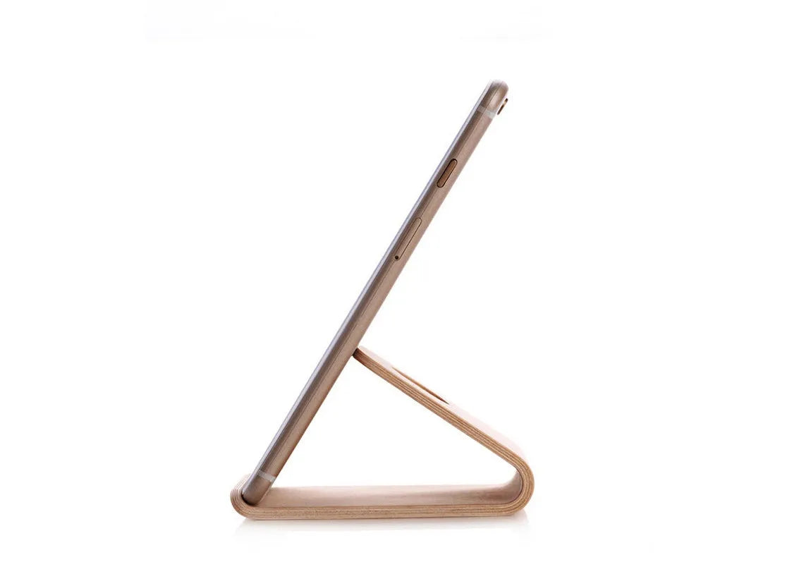 Wooden phone stand for Apple iPhone with cable management slot in walnut finish