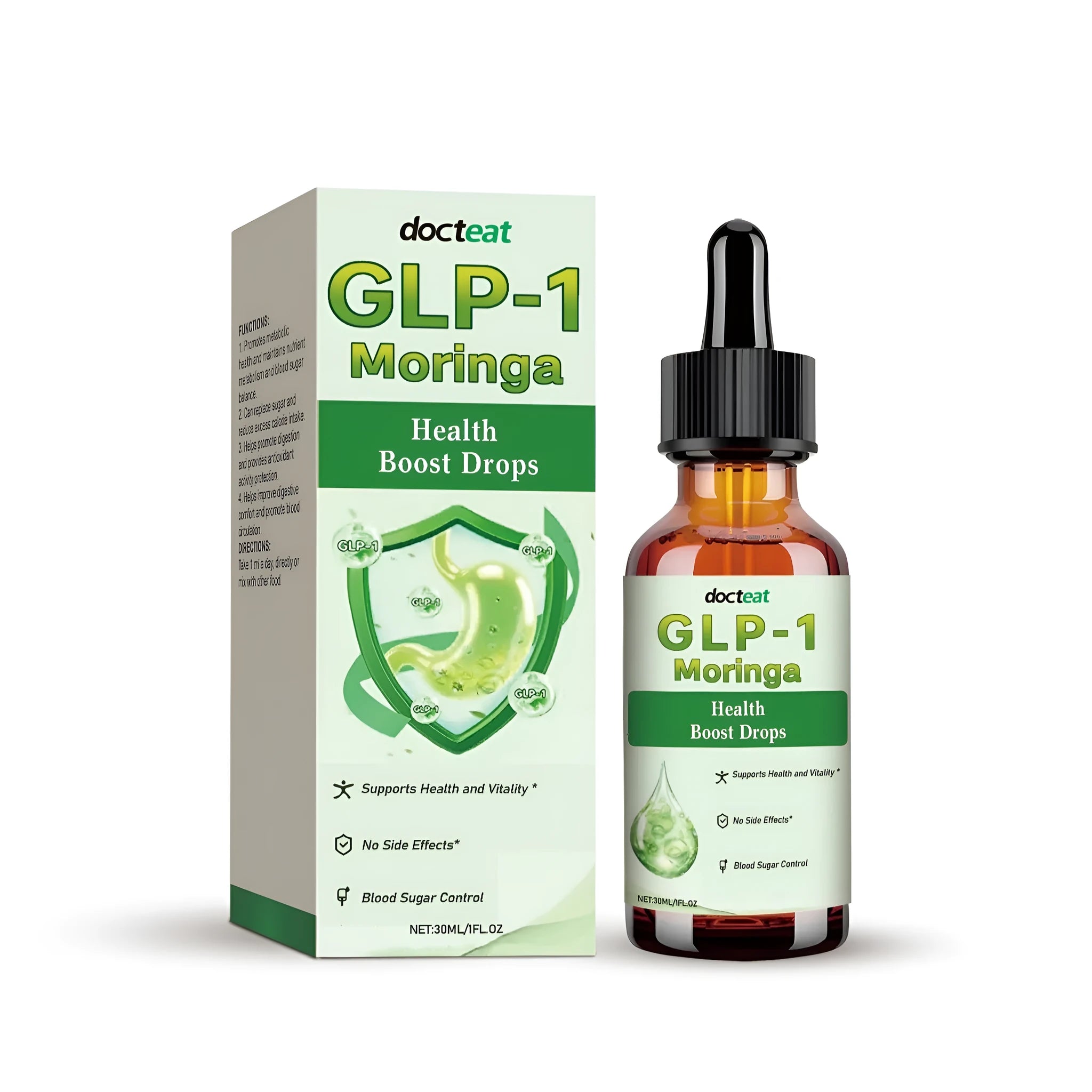 Health Boost Drops 30ml bottle with dropper containing apple vinegar, green tea, turmeric, probiotics supplement