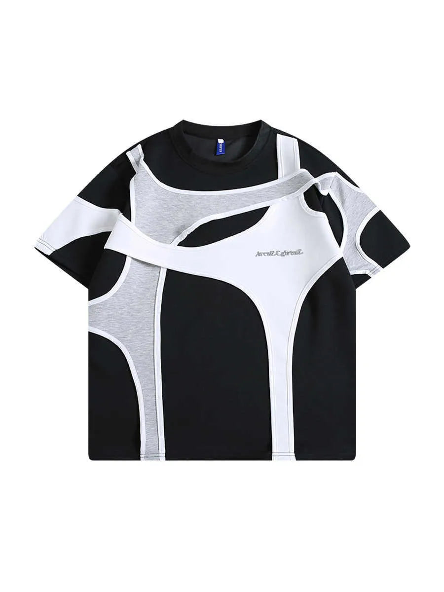 Loose fit black short sleeve T-shirt showing detail of double-layer stitched padded shoulder strap.