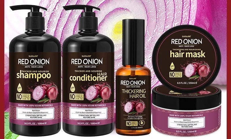 Red Onion Shampoo, Conditioner, Hair Mask, and Essential Oil 4-piece hair care set.