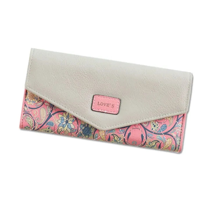 Women's three-fold PU leather student wallet with a clip closure, shown in multiple colour options