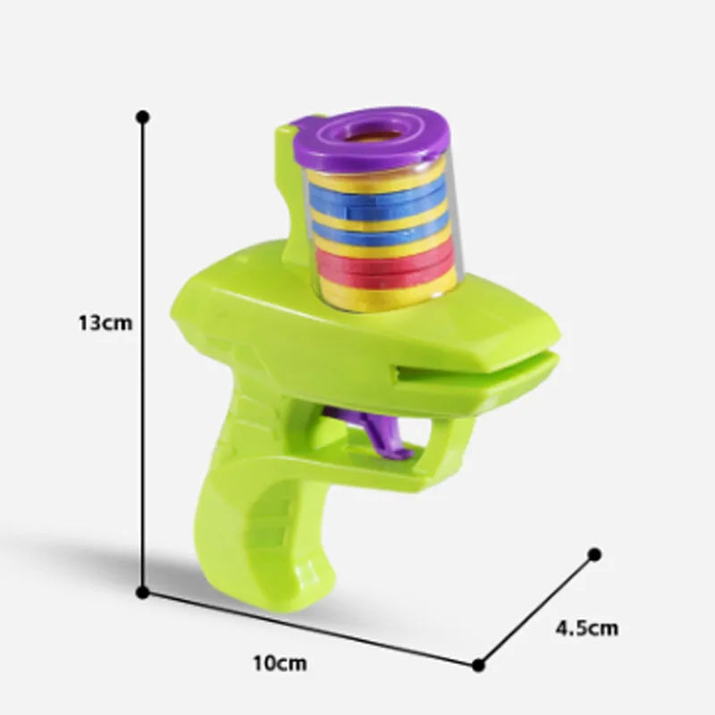 Battery-free interactive cat toy launcher with colourful foam discs on purple base
