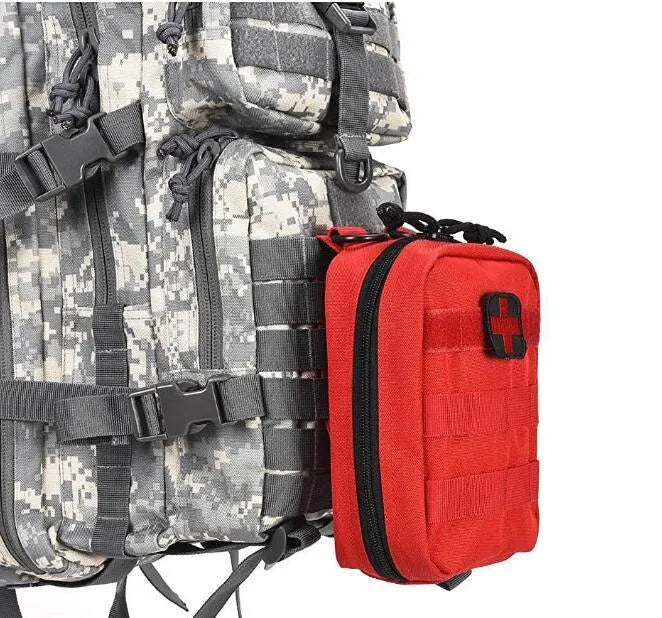 Army green nylon tactical medical pouch with Velcro panel attached to a vest.