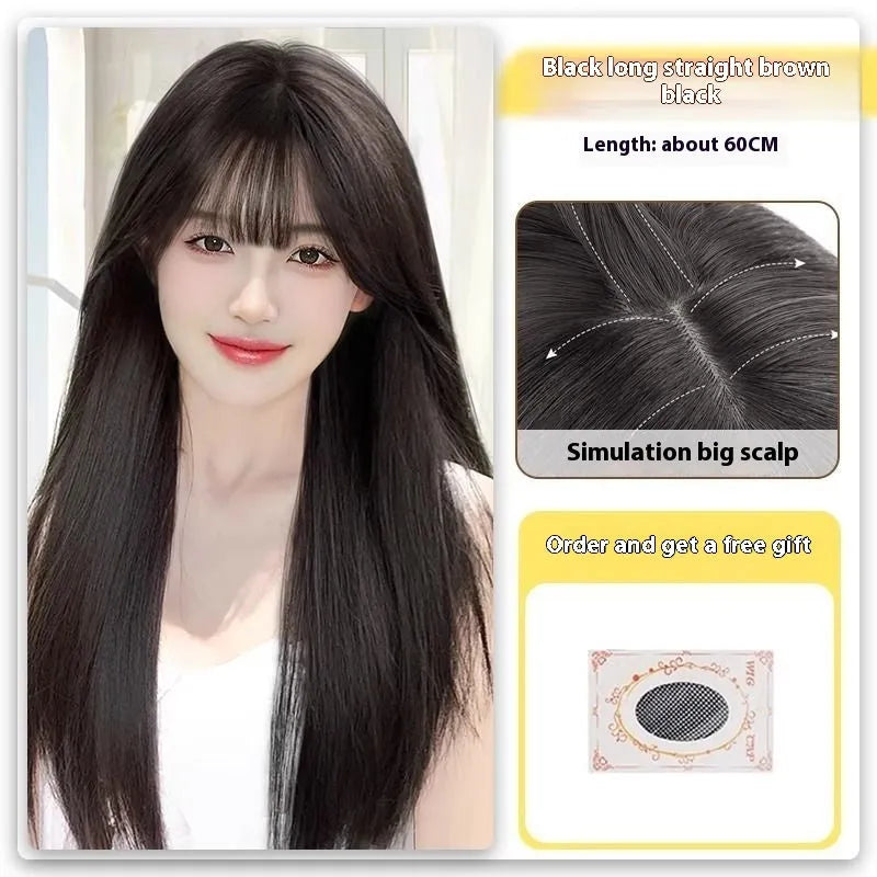 Forehead lace long straight full-head wig in dark brown colour with side bangs styling