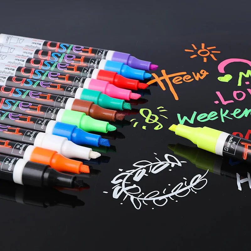 Electronic fluorescent board highlighter with oblique plastic body and a 6mm tip, shown with multi-colour refill options.