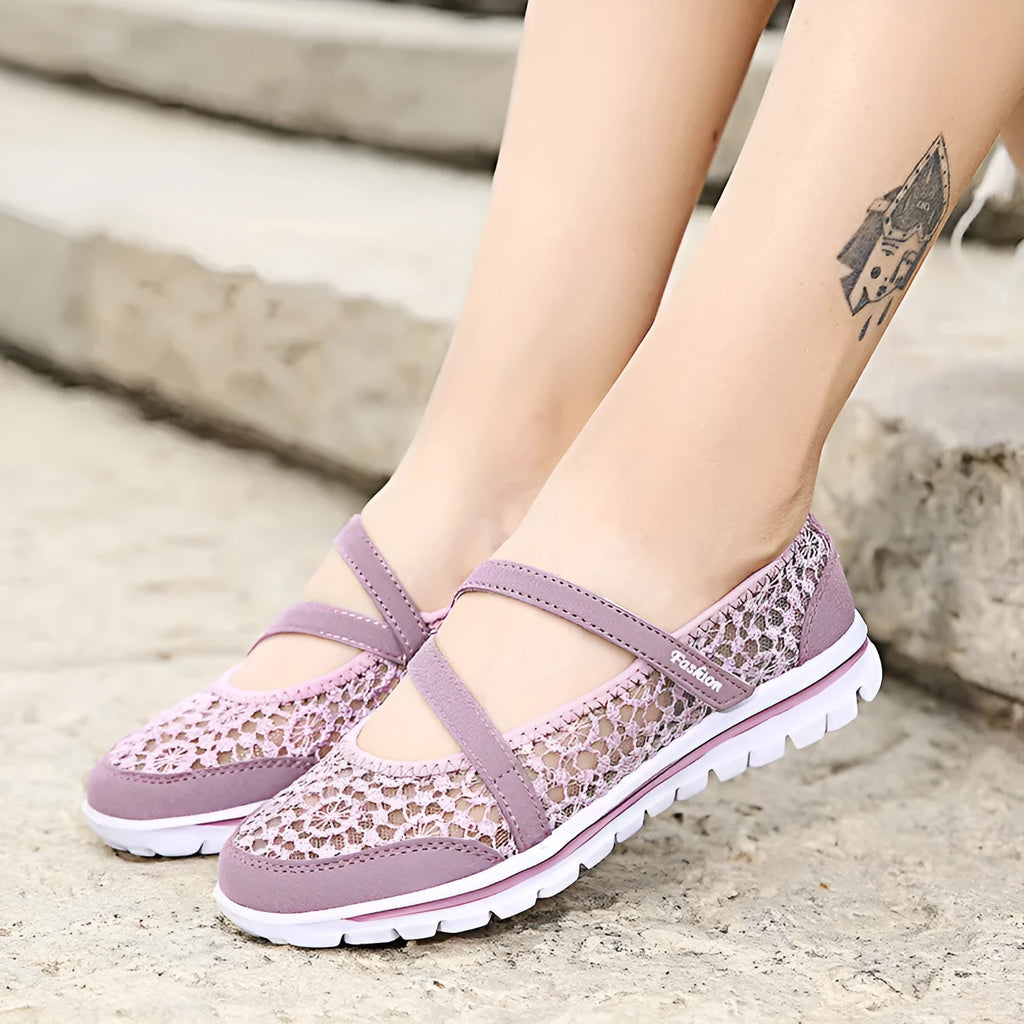 Women's breathable mesh casual lace-up shoes in beige, black, blue, light gray, and light purple colours