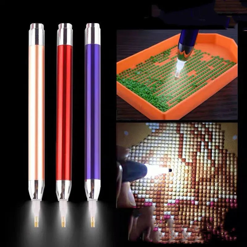 Aluminium alloy luminous drill pen for diamond painting in gold, red, or blue colour.